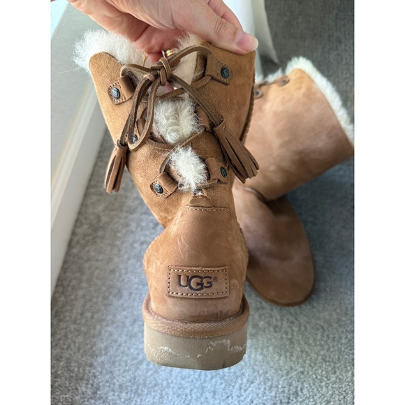 UGG Boots‎ Women's Chestnut Suede Sheepskin Shearling Lace Up Tassel Sz 10 - Picture 2 of 8